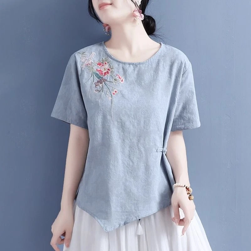 夏季新款提花右肩绣花不规则短袖圆领上衣女中国风显瘦民族风T恤