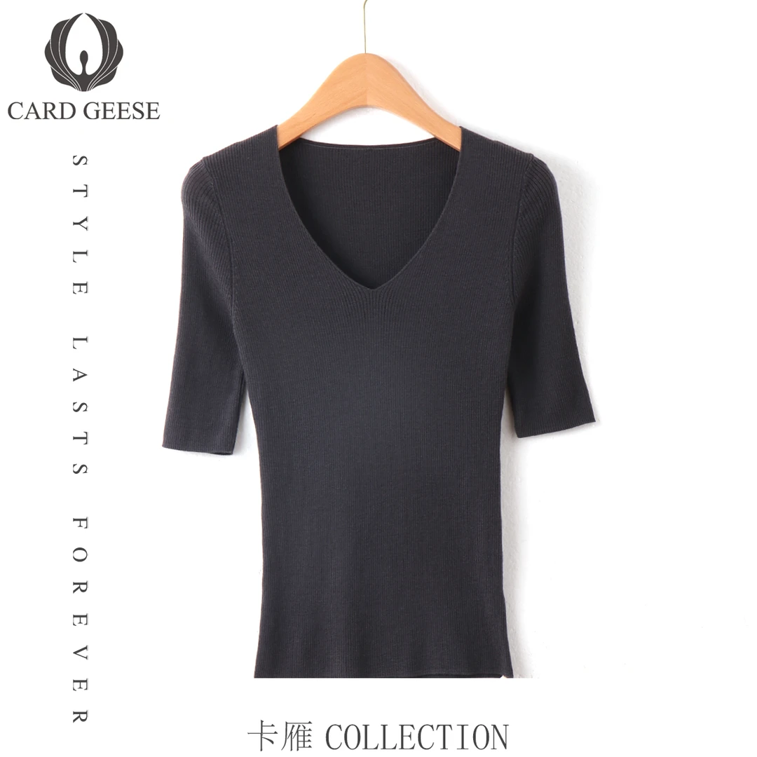 Card&Geese/卡雁【100精纺羊毛】纯色V领短袖上衣 MYJ-24T253-24618