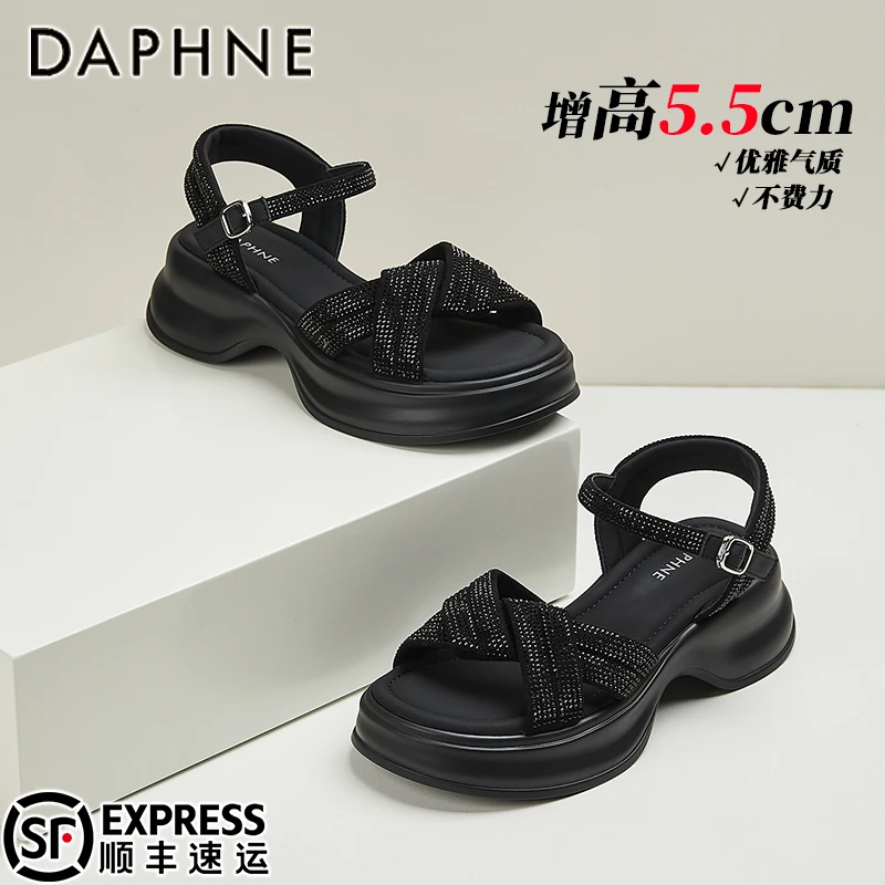 达芙妮女鞋厚底露趾凉鞋2025夏季外穿时尚水钻一字扣沙滩松糕凉鞋
