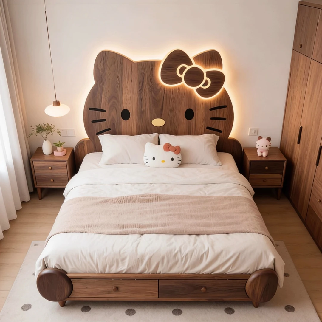 新中式北美黑胡桃木HelloKitty实木床简约双人床卡通造型实木床