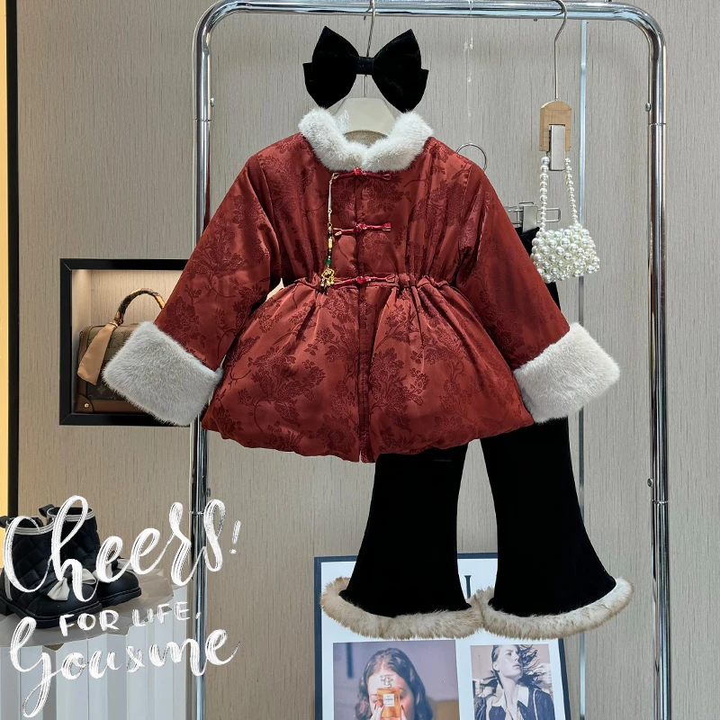 【现货】女童冬装年服外套2024新款中国风冬季加绒加厚小女孩唐装