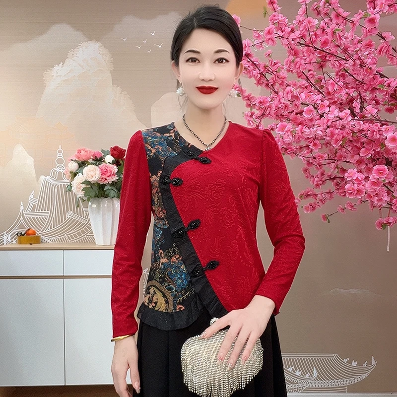 79100款中式凤尾提花撒粉打底衫时尚短款网红长袖打底衫提花T恤