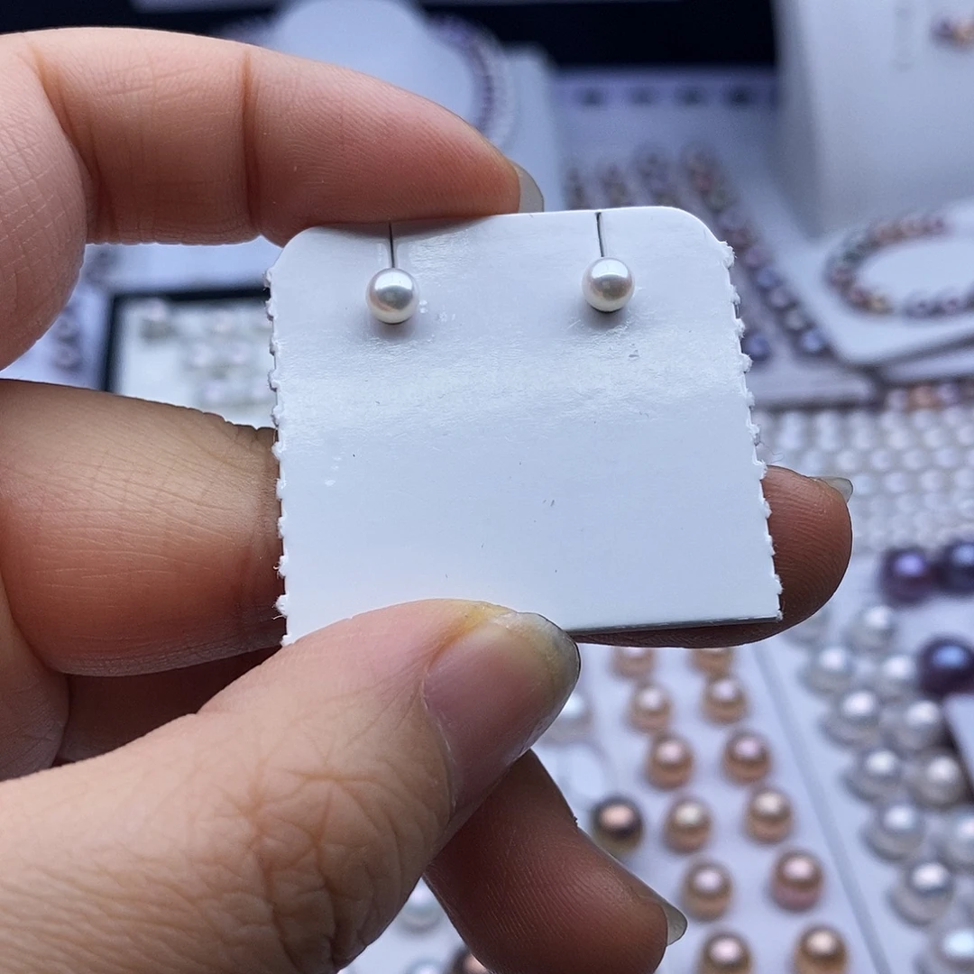 银S925镶嵌耳饰淡水珍珠4-5mm耳钉29一对可选
