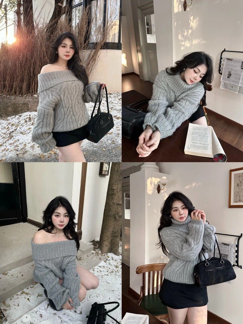 【大小姐】灰色毛织宽松慵懒风长袖温柔外穿设计感时尚百搭毛衣