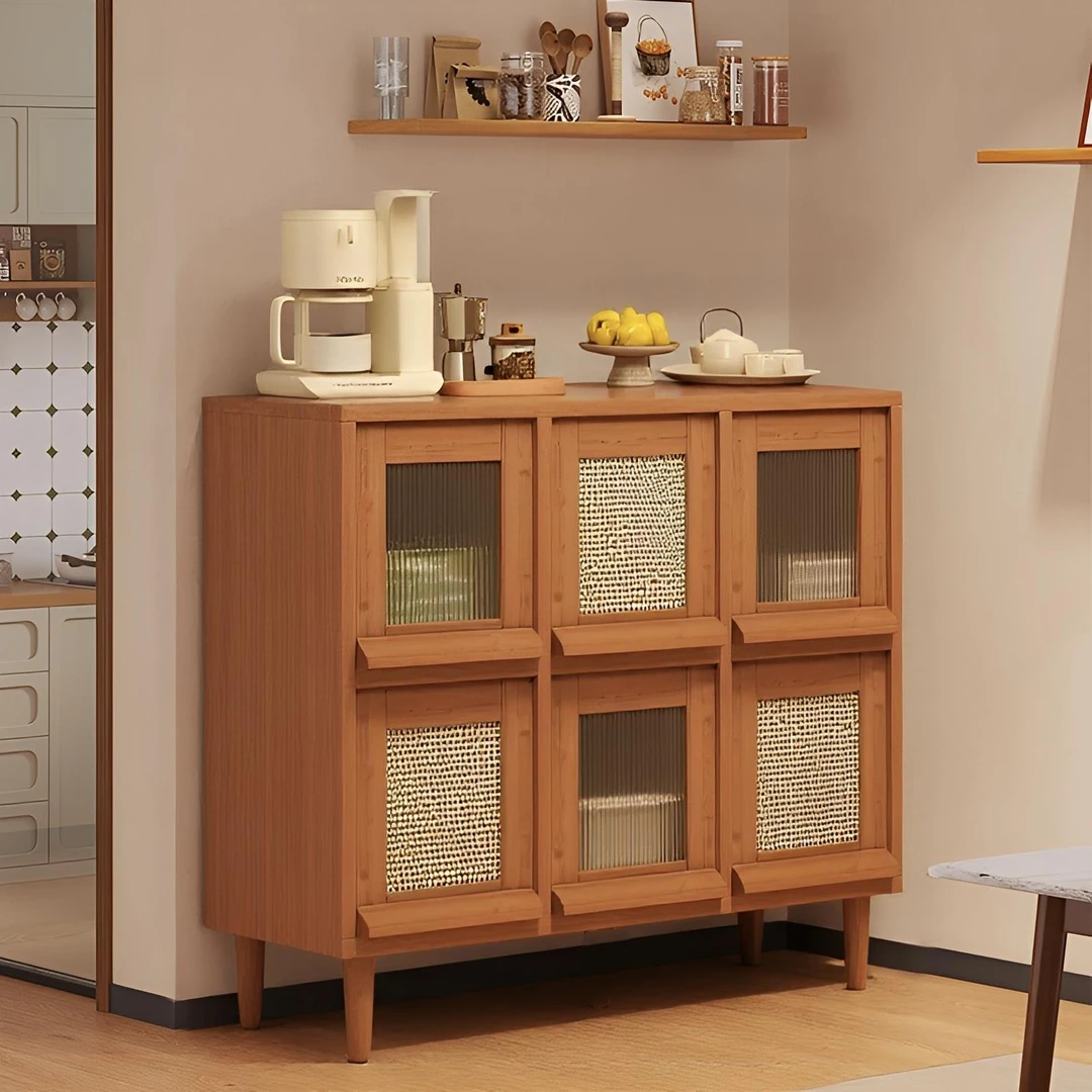 实木餐边柜一体靠墙边柜中古风格子柜餐桌旁落地置物柜客厅茶水柜