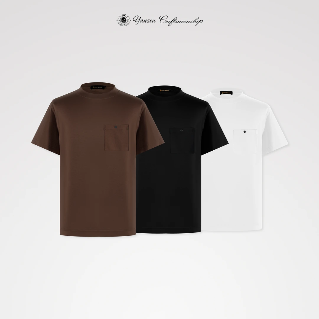 【黑标系列】简约纯色多口袋纽扣装饰糯感圆领短袖T恤 Y087