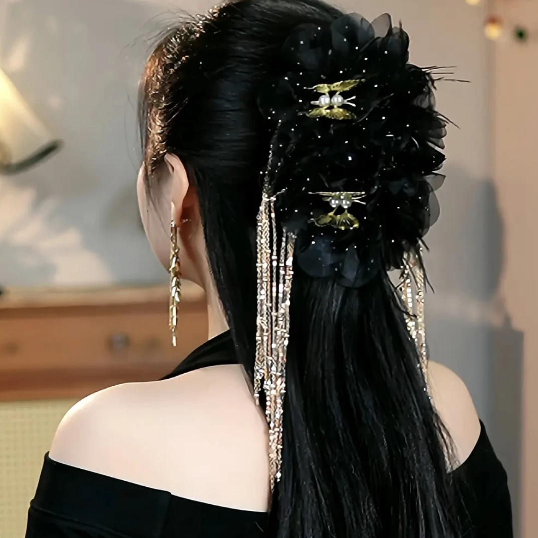 （洛神赋）韩式花朵链条蝴蝶流苏抓夹古超仙鲨鱼夹显发量发夹