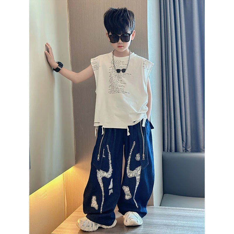 男童夏季薄款时尚重工刺绣弯刀牛仔裤中大童个性潮酷炸街百搭长裤