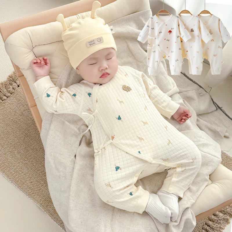 春秋婴儿连体衣宝宝棉质哈衣新生儿双层护肚睡衣初生儿月子服爬服