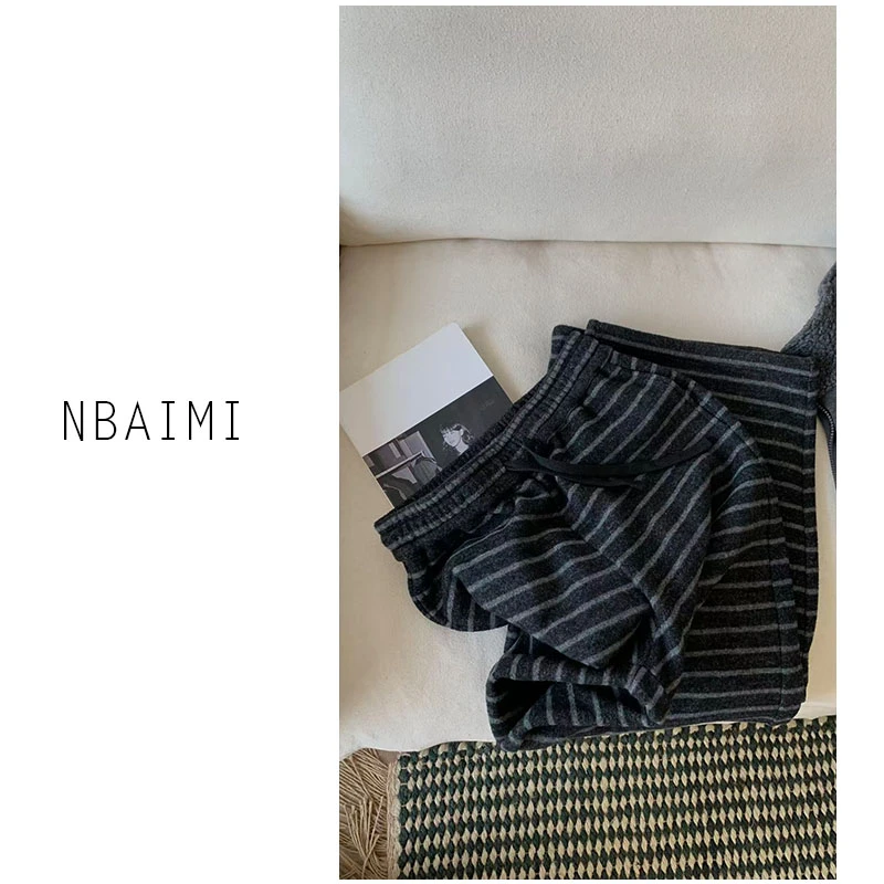 慵懒灰条 冬季高个子/小个子版两穿保暖显瘦休闲百搭宽松条纹裤