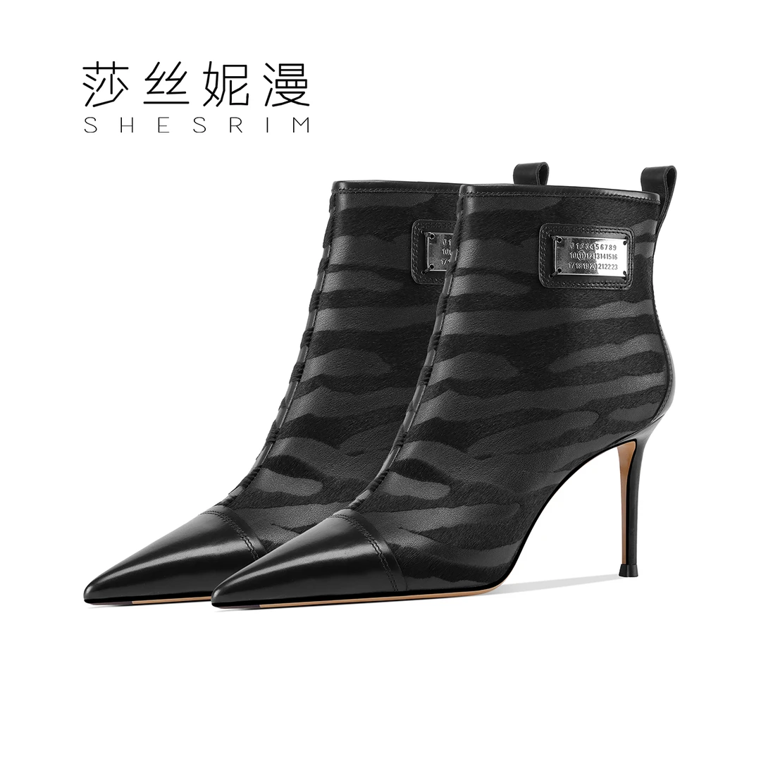 真皮尖头短靴女2024秋冬新款细跟靴百搭靴子时尚简约女鞋