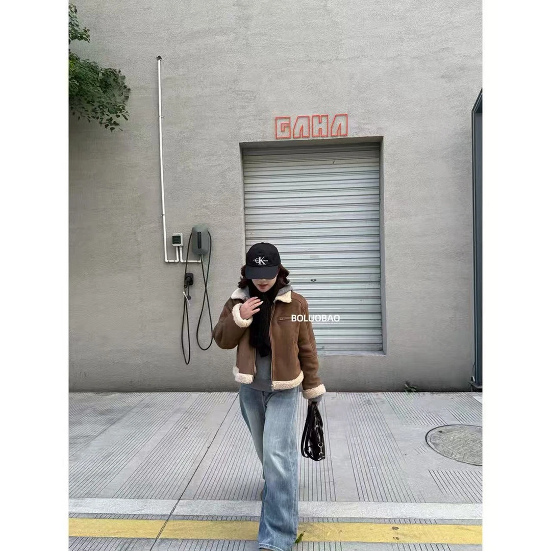 BOLUOBAO 糖炒栗子 麂皮绒皮毛一体夹克外套