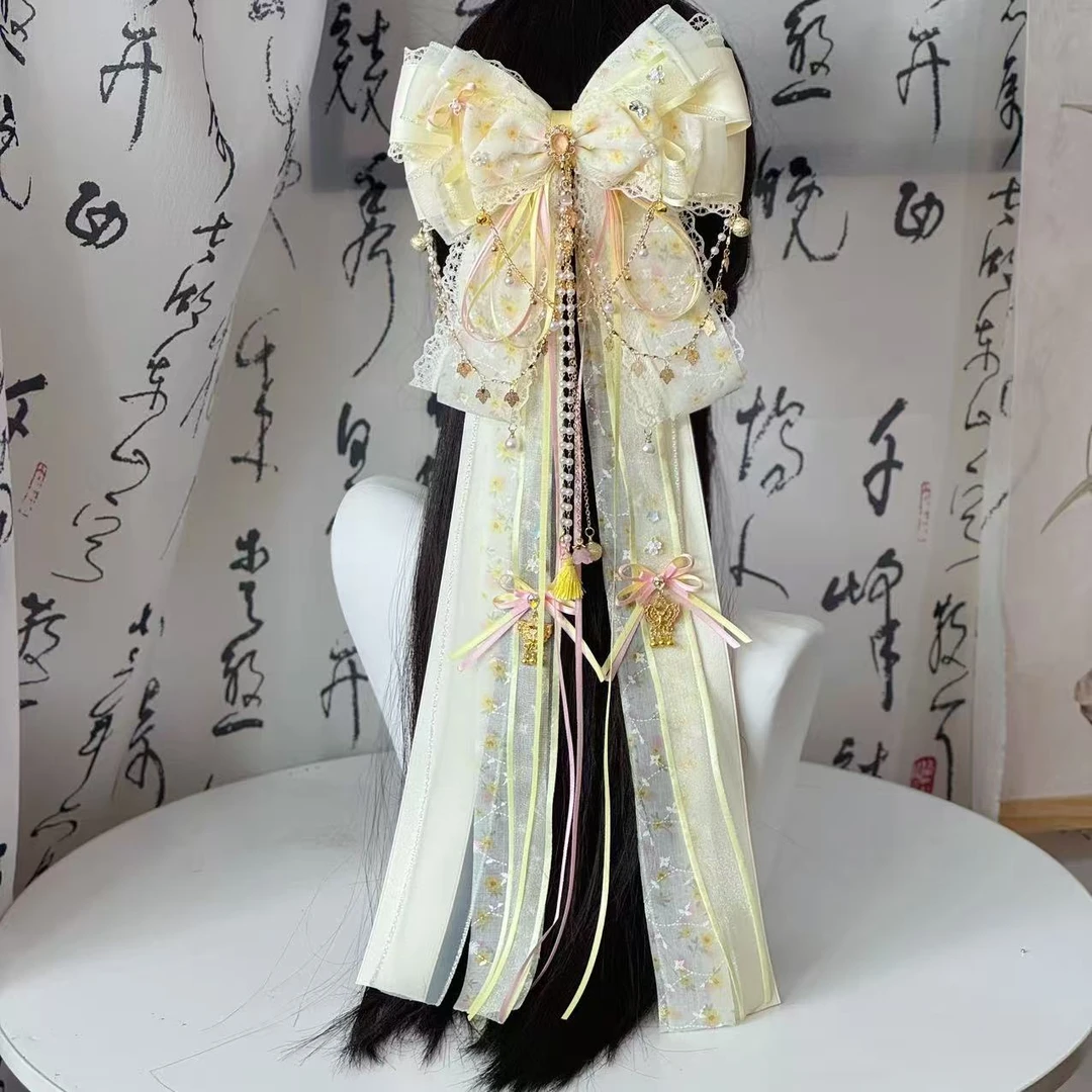 《晓春时景》新国风古风搭配汉服黄粉洛丽塔长飘带蝴蝶结头饰发夹