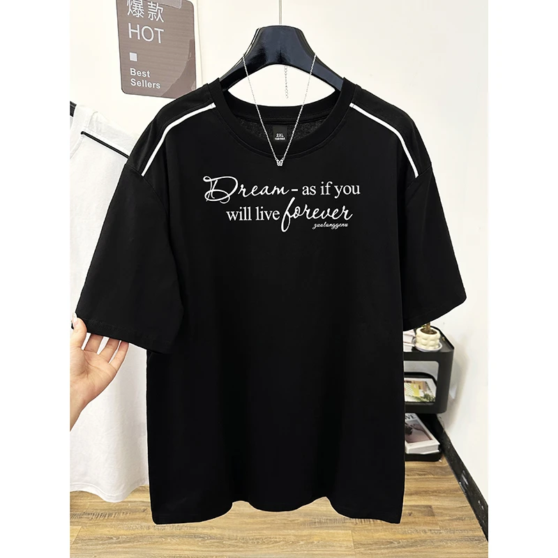 纯棉时尚两条杠短袖T恤女夏新款宽松大码休闲字母印花半袖上衣潮