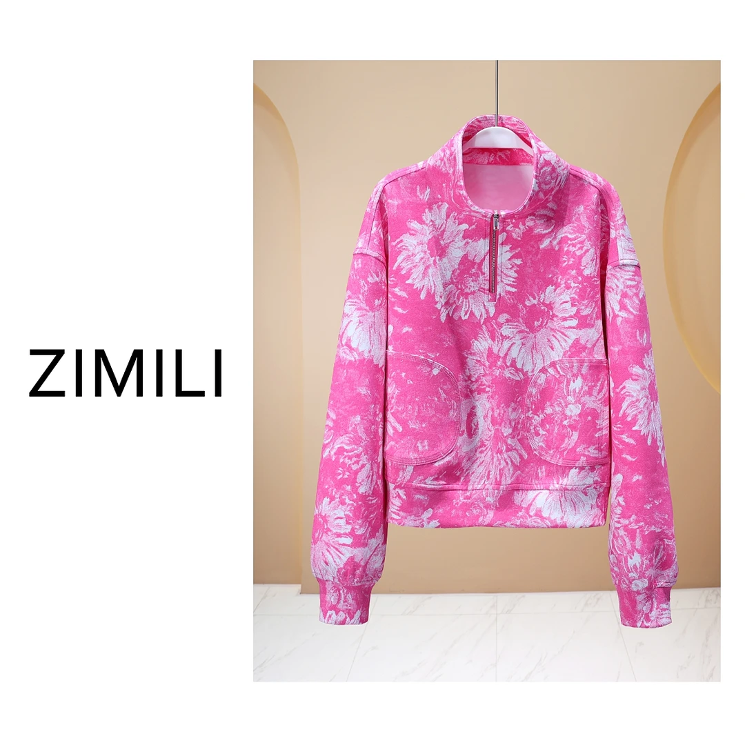 【LIANG哥女装】2025欧版轻薄透气粉色太阳花印染半拉链卫衣6197