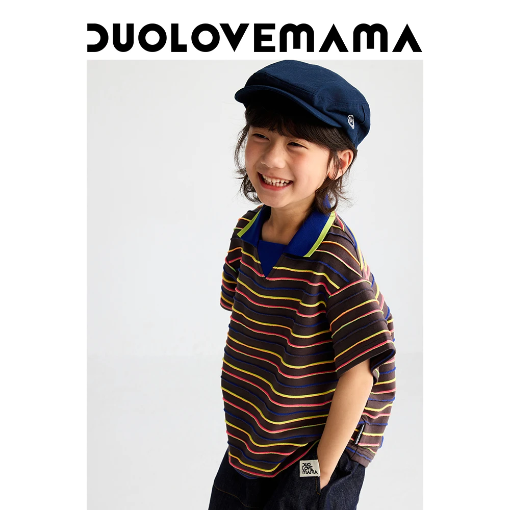 学院风条纹针织儿童Polo短袖男女童宽松百搭上衣夏