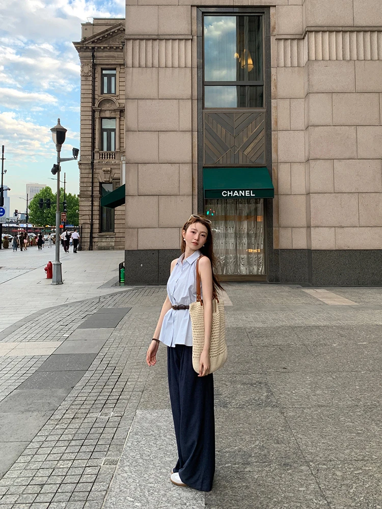 法式独特超好看蓝色无袖衬衫女收腰显瘦百搭翻领上衣夏季2025新款