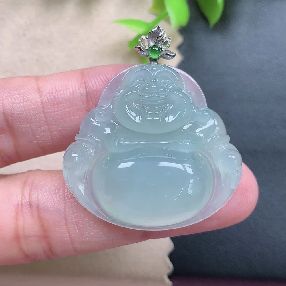 翡翠A货 18k金扣头冰胶感满色厚装佛公吊坠 尺寸31.2×33.3×7.3