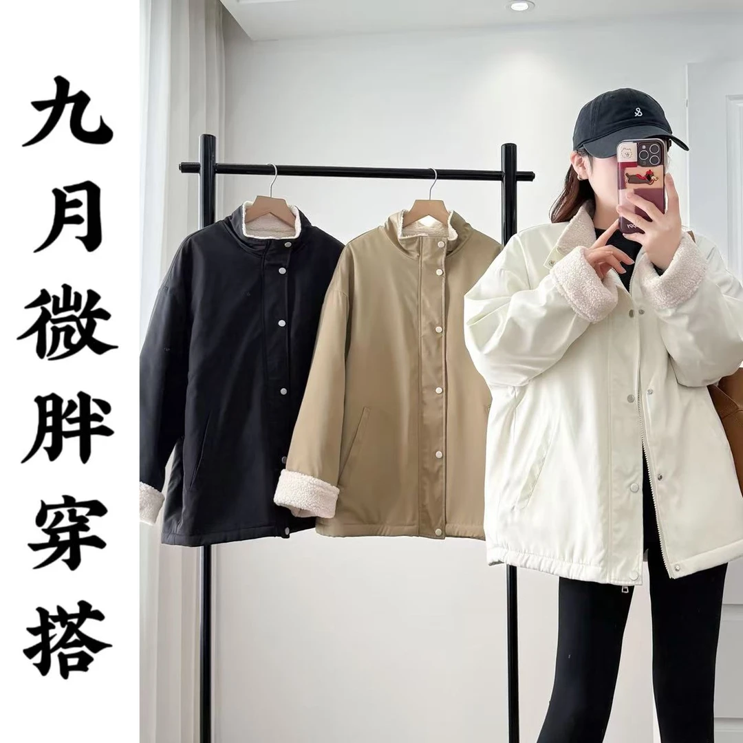 女纯色翻领韩版冬季中长款冬百搭保暖短外套宽松时尚修身韩式691