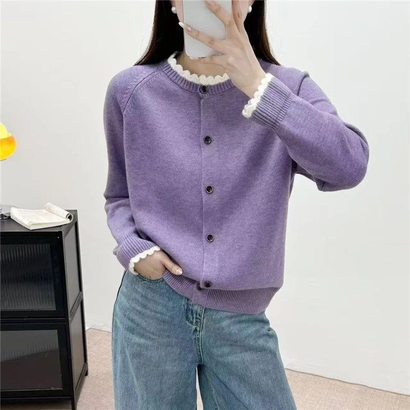 春季新款韩版撞色花边微喇叭袖针织开衫上衣