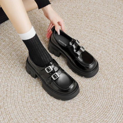 HUANAI厚底乐福鞋女2025秋季新款粗跟增高小个子通勤小皮鞋JK单鞋