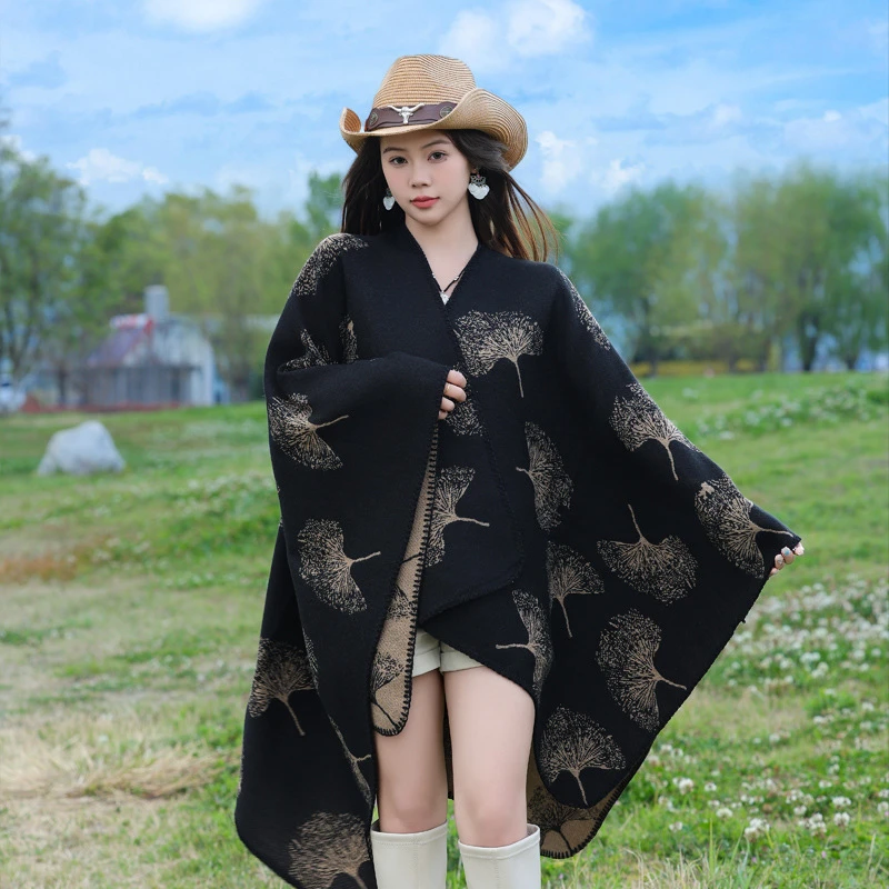 民族风银杏叶保暖春秋冬秋季披肩百搭宽松双面御寒外搭斗篷披风