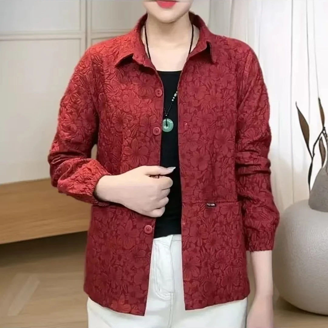 春季翻领提花女短外套休闲上衣时尚妈妈装百搭薄款纽扣衬衫外套