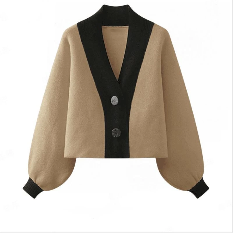 秋冬季新款拼色V领针织衫女上衣2025时尚百搭开衫简约宽松短外套