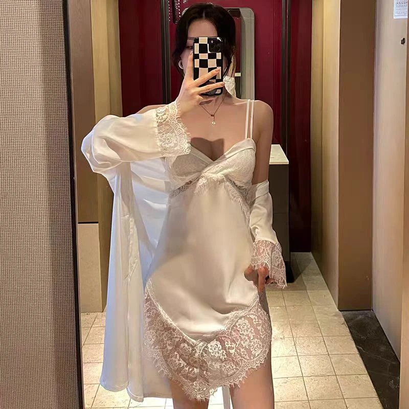 【直播专属】薄款蕾丝白色纯欲风长袖女士冰丝绸