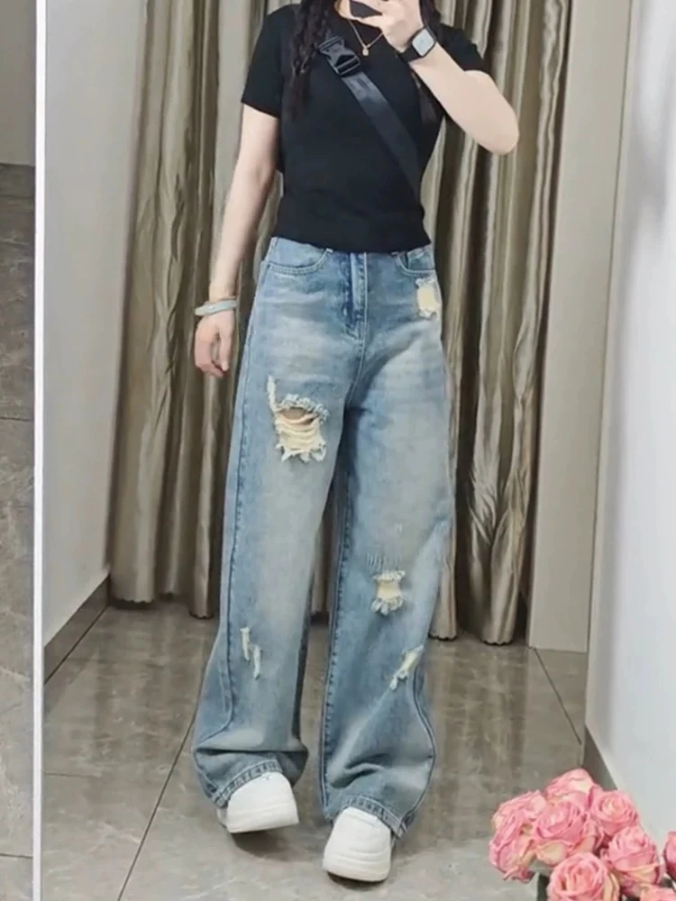 美式复古破洞阔腿牛仔裤女150高腰垂感显瘦宽松长裤潮