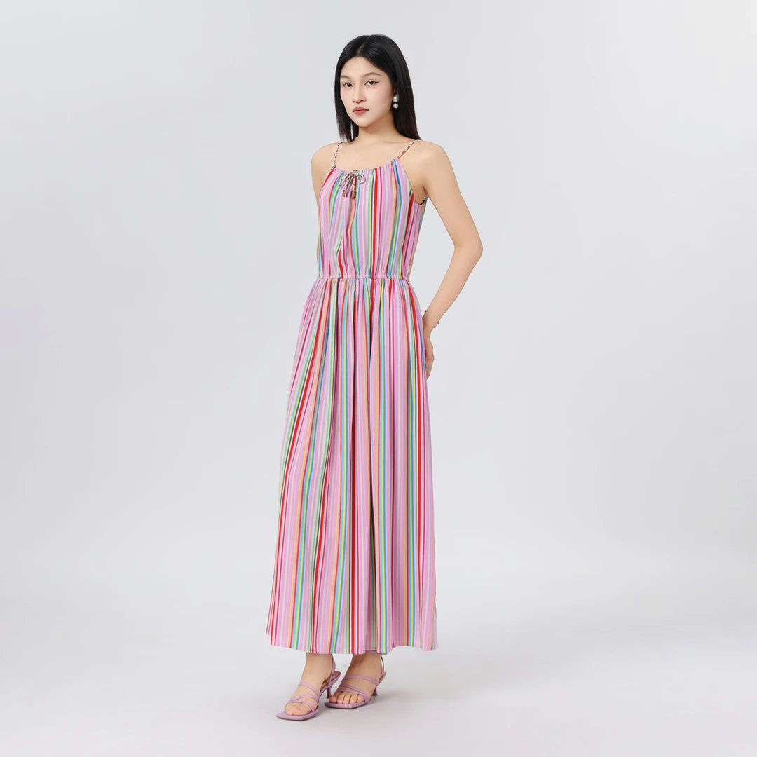 GIRDEAR/哥弟新款彩色条纹洋装欧若风春夏减龄吊带连衣裙女150049