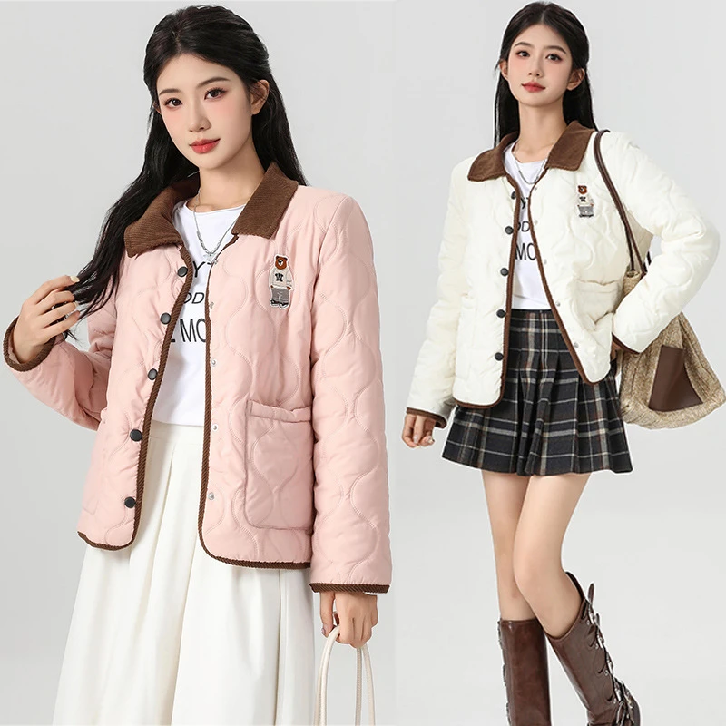 热款撞色休闲加绒棉服女士秋冬新款翻领保暖短款通勤设计感宽松小