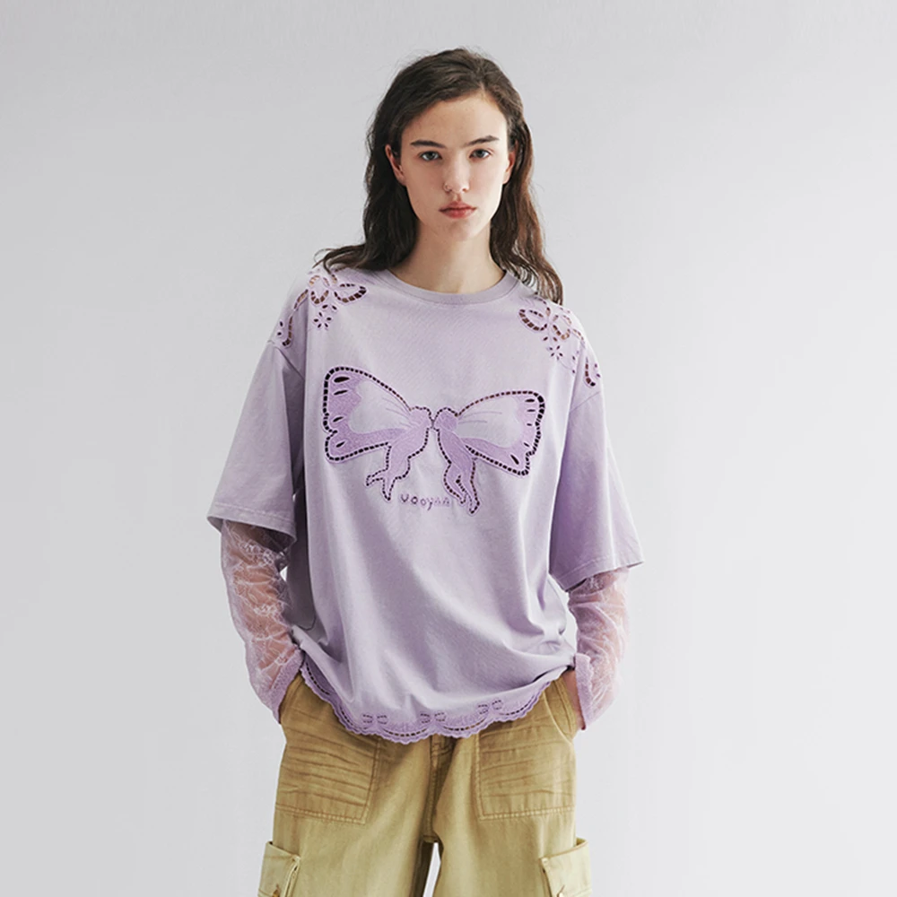 UOOYAA/乌丫2025秋款「爱与天使」镂空绣花假两件T恤UY25362T119152