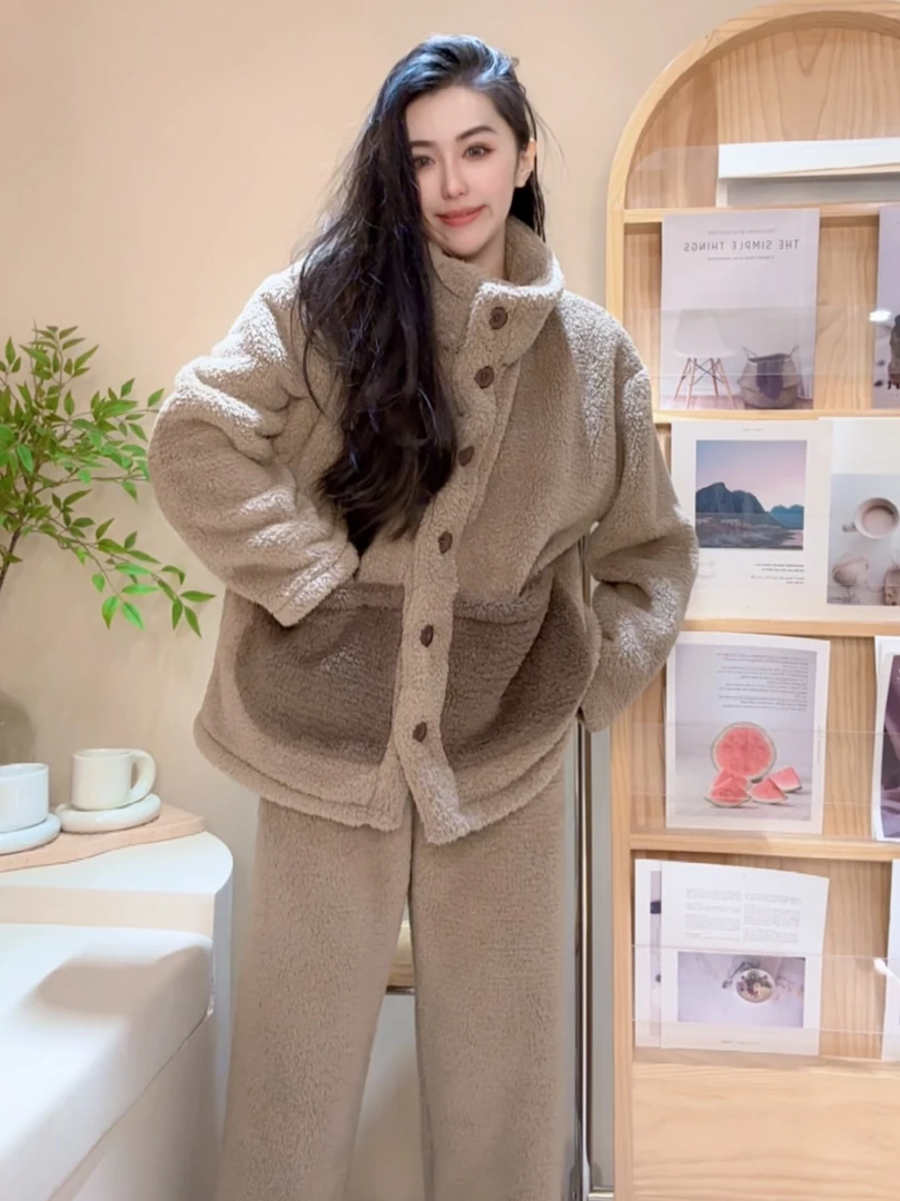 【清高定】高定高织高密加绒北羔绒睡衣女秋冬季套装家居服保暖长袖