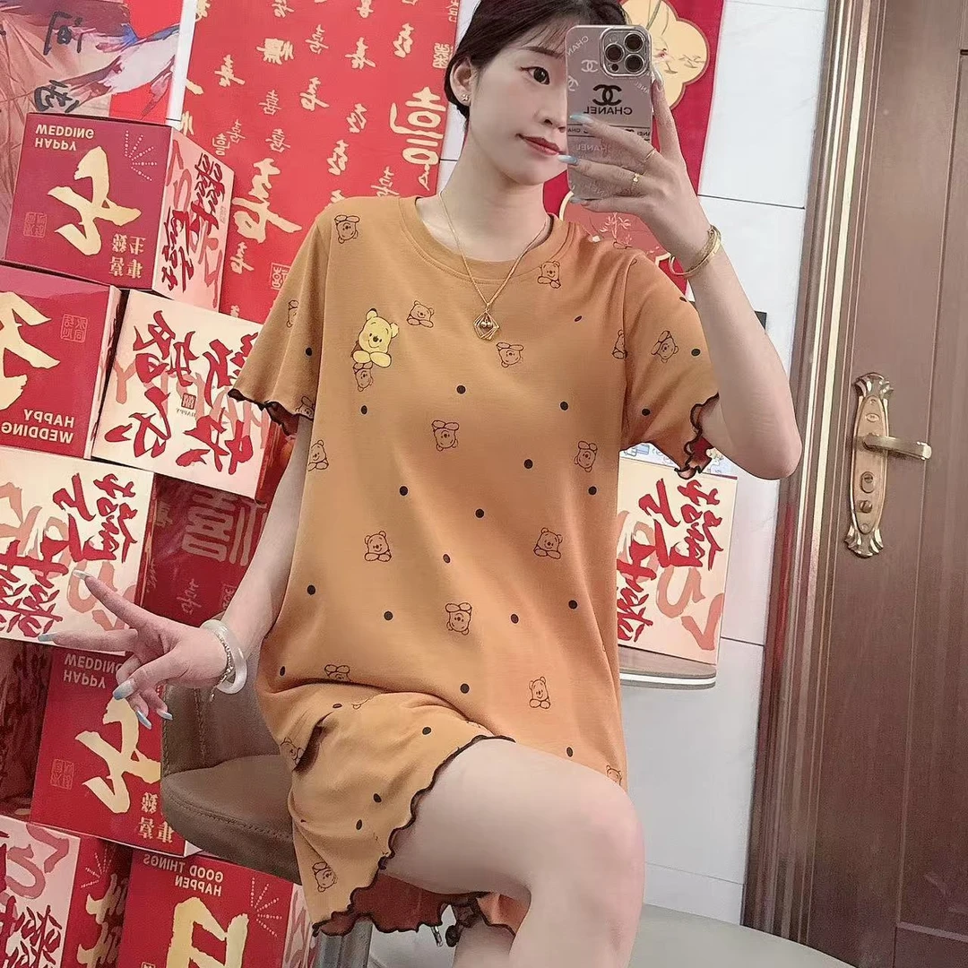 带胸垫韩版波点维尼熊短袖甜美休闲可外穿睡衣家居服两件套