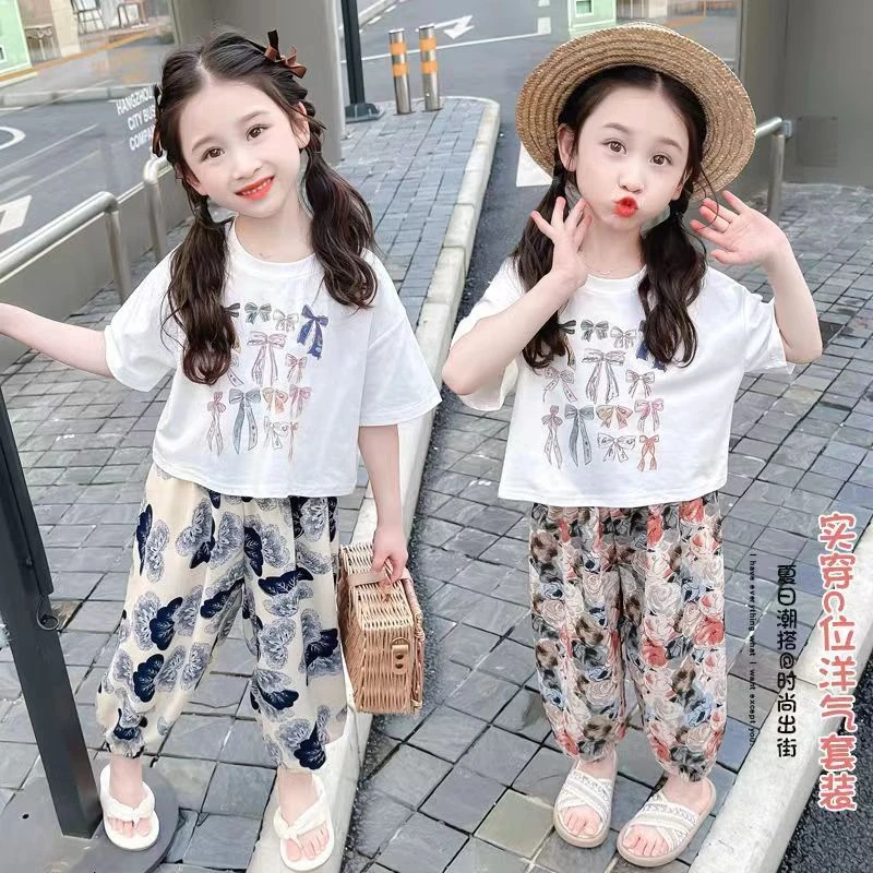 夏季女童新款休闲潮款套装夏装儿童蝴蝶结短袖防蚊裤两件套