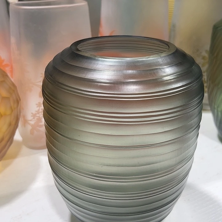 琉璃手工艺品灰色磨刻花瓶花器高23口9