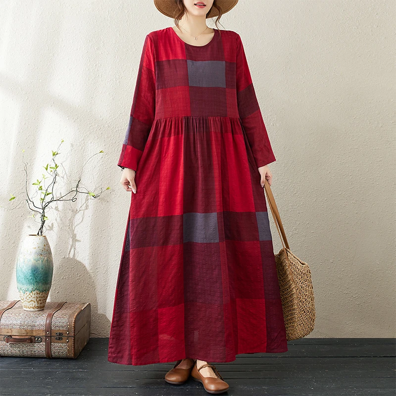 田园风格子圆领复古遮肉长袖连衣裙女装秋季大码宽松遮肚减龄长裙