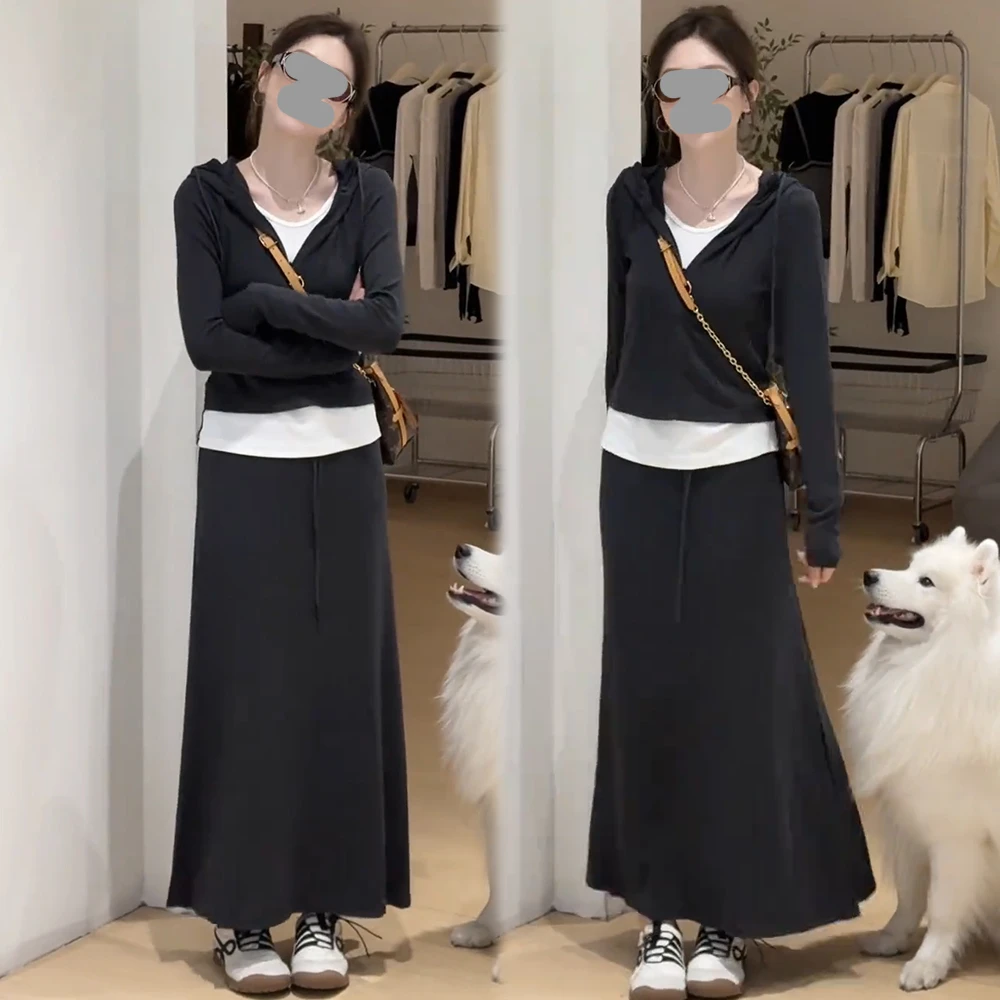 韩系显瘦简约宽松时尚套装女2025早秋新款针织衫上衣半身裙两件套