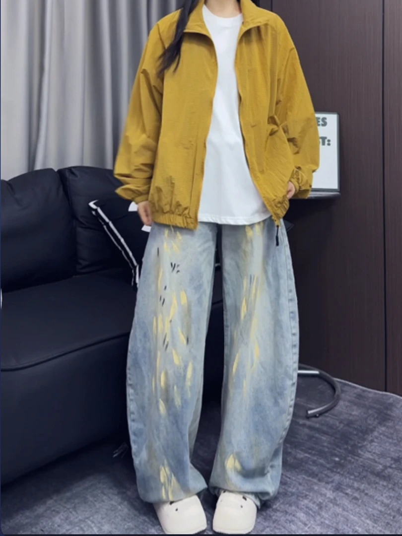 美式复古泼墨牛仔裤男女同款阔腿裤弯刀裤宽松做旧水洗直筒牛仔裤