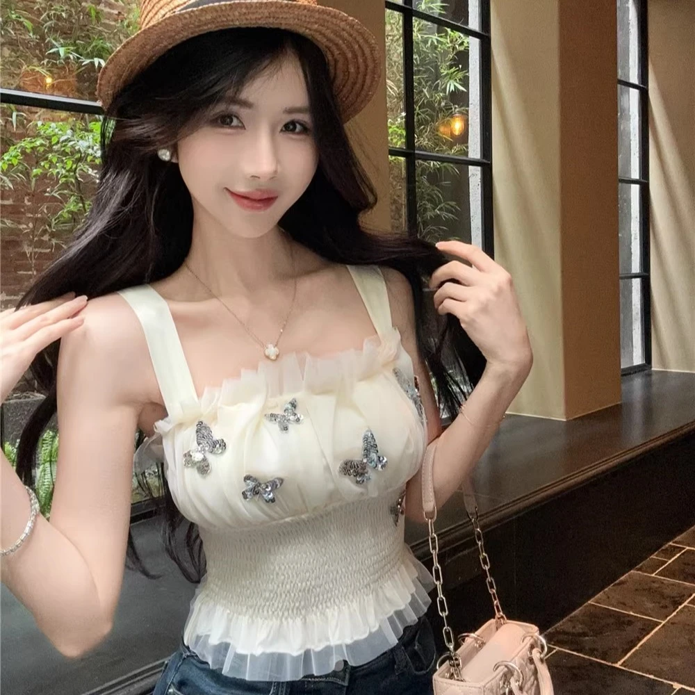 网纱蝴蝶亮片吊带背心女外穿夏泰式纯欲辣妹抹胸小上衣带胸垫绝美