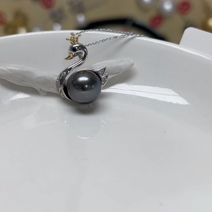 海水珍珠颈饰银S925镶嵌大溪地 9-10mm 8号