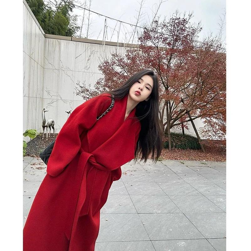 红色双面羊绒大衣女2025秋冬新款中长款赫本风结婚新娘羊毛呢外套