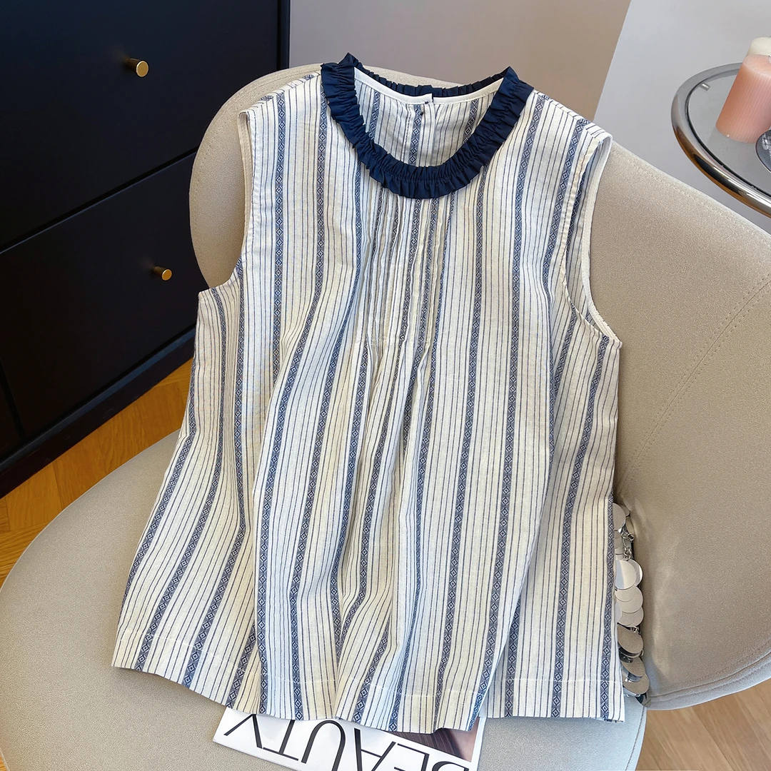 胖妹妹240斤大码木耳边条纹无袖背心女夏季独特洋气别致小衫上衣