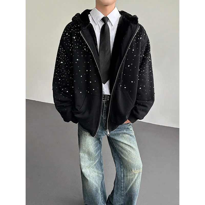 秋冬韩国复古小众满天星烫钻卫衣男韩版加厚棉衣加绒开衫连帽外套