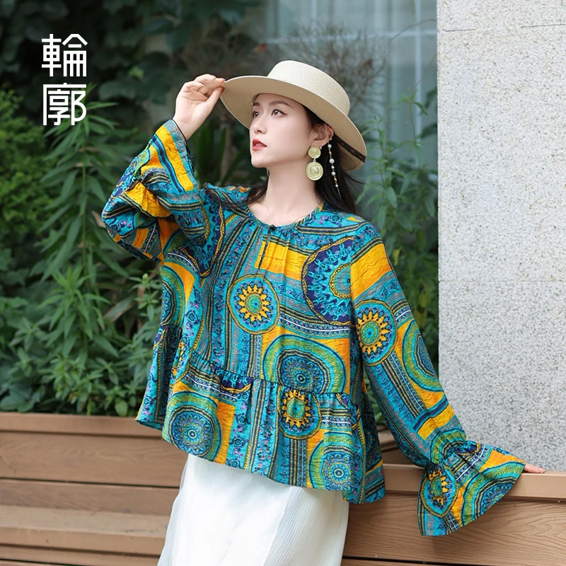 轮廓幽兰新中式印花上衣夏季宽松复古时尚显瘦薄款衬衫L242Y501