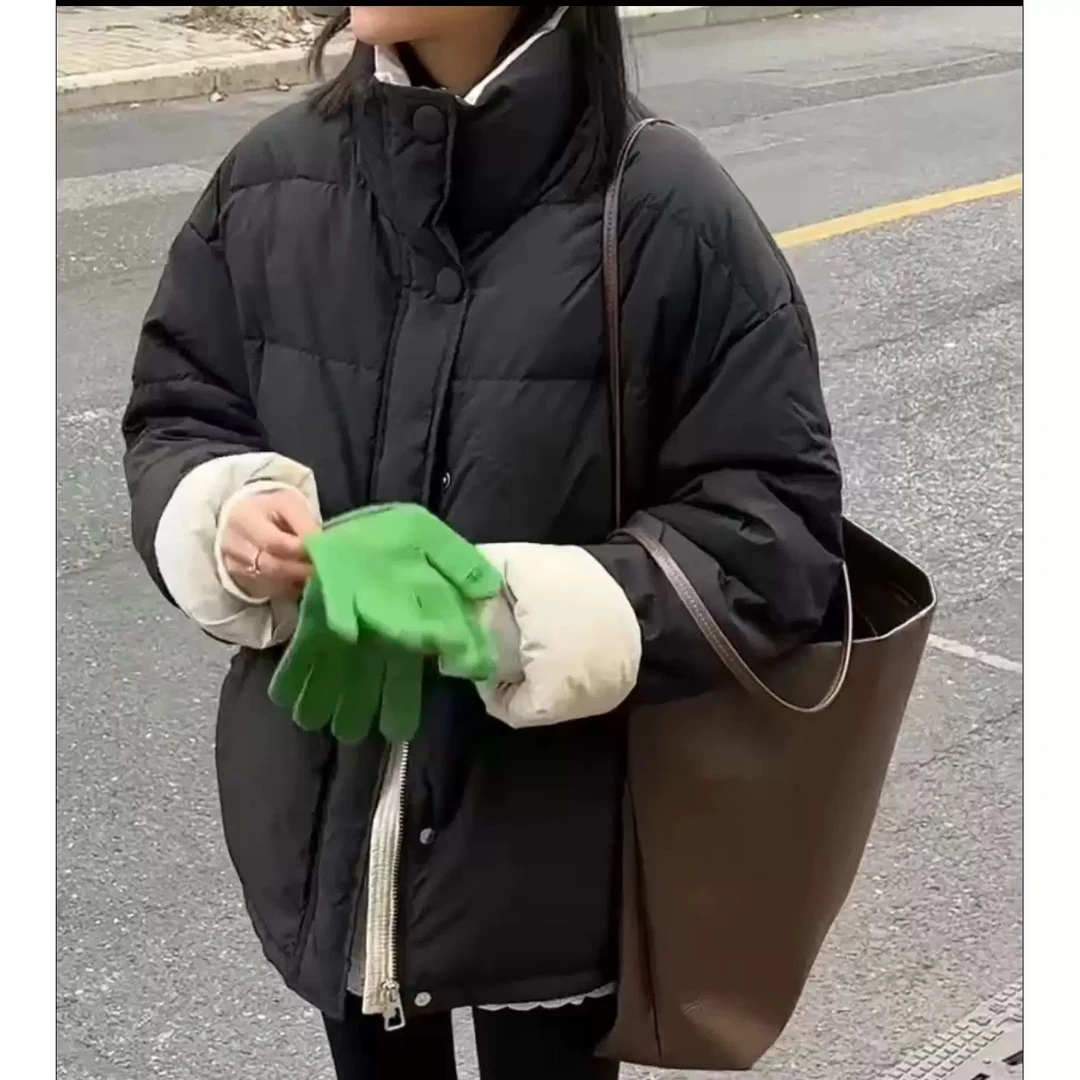 9901#冬装新款设计感撞色卷边时尚休闲宽松白鸭绒羽绒服外套女