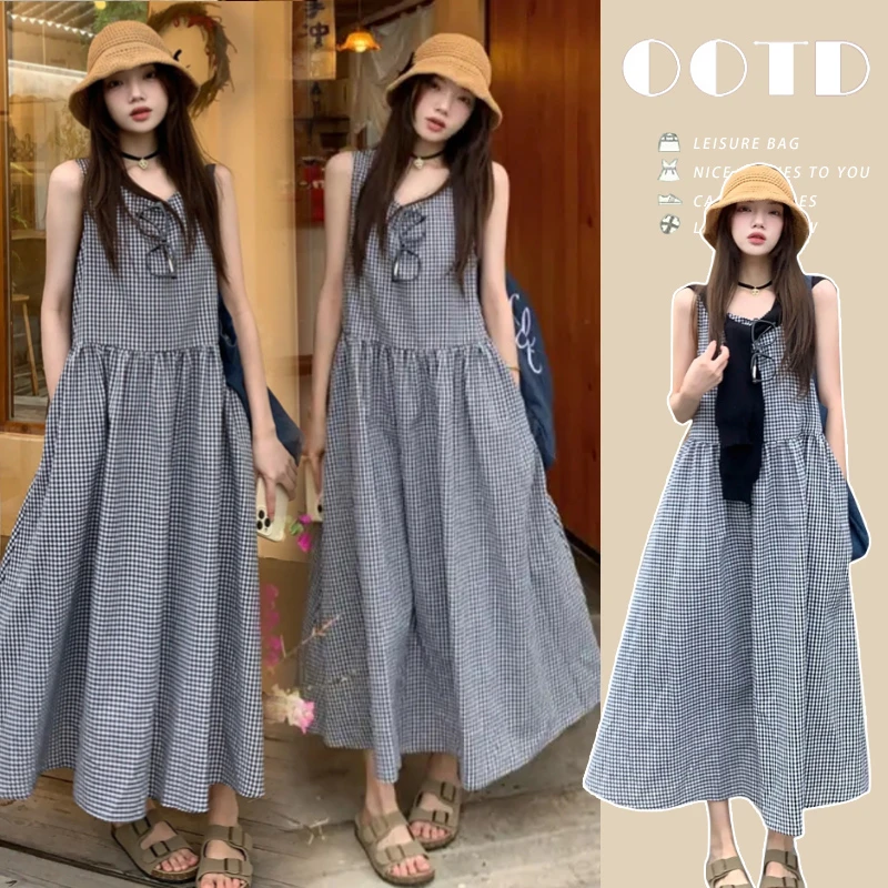 2025年夏季新款韩版设计感孕妇装减龄显瘦格子长裙大码宽松孕妇裙