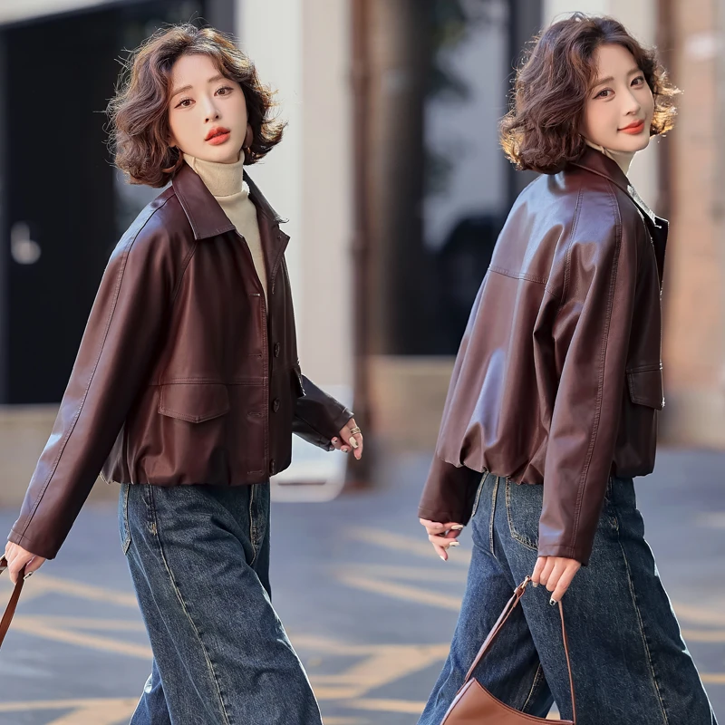 港风PU洋气新款海宁皮衣方领时尚通勤百搭小款皮衣女气质短款