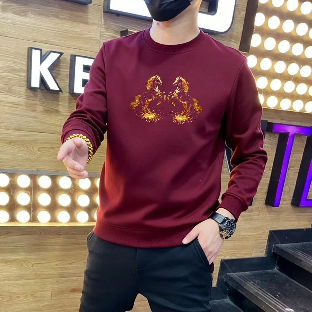 秋冬新款马年印花圆领加绒卫衣男女宽松百搭上衣